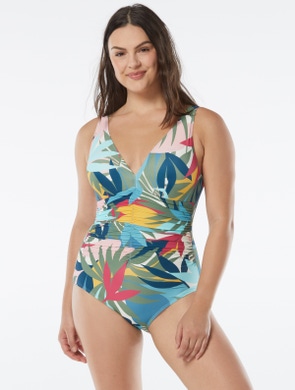 Coco Contours Solitaire V-Neck Bra Sized Underwire One Piece Swimsuit - Rainforest Leaves
