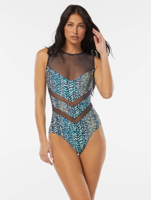 Vince Camuto High Neck One Piece Swimsuit - Abstract Animal